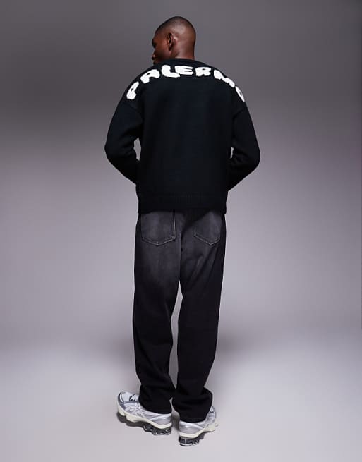 ASOS DESIGN Oversized Knitted Crew Neck Jumper With Palermo Back Print In Black