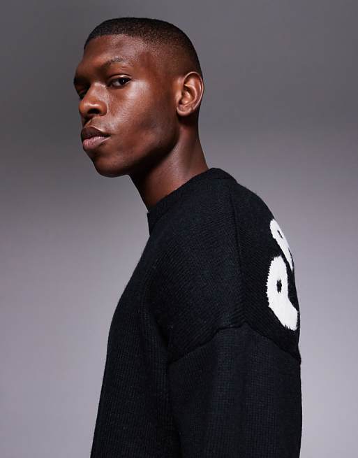 ASOS DESIGN Oversized Knitted Crew Neck Jumper With Palermo Back Print In Black