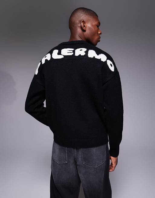ASOS DESIGN oversized knitted crew neck jumper with Palermo back print in black