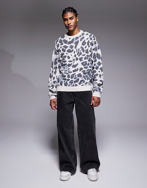 ASOS DESIGN Oversized Knitted Leopard Print Jumper In Grey