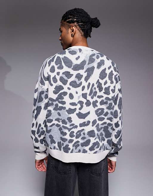 ASOS DESIGN Oversized Knitted Leopard Print Jumper In Grey
