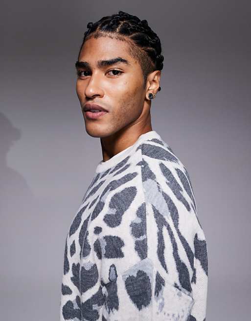 ASOS DESIGN Oversized Knitted Leopard Print Jumper In Grey