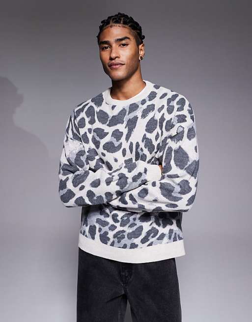 ASOS DESIGN oversized knitted leopard print jumper in grey