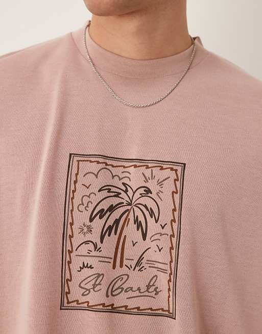 ASOS DESIGN Oversized Linen Look T-shirt With Palm Graphic In Dusty Pink