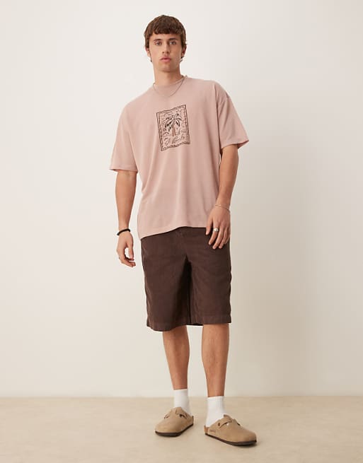 ASOS DESIGN Oversized Linen Look T-shirt With Palm Graphic In Dusty Pink