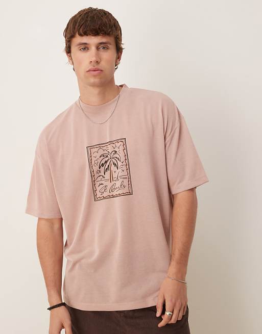 ASOS DESIGN oversized linen look t-shirt with palm graphic in dusty pink