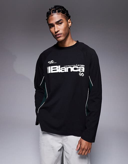 ASOS DESIGN oversized long sleeve cut and sew t-shirt with graphic in black