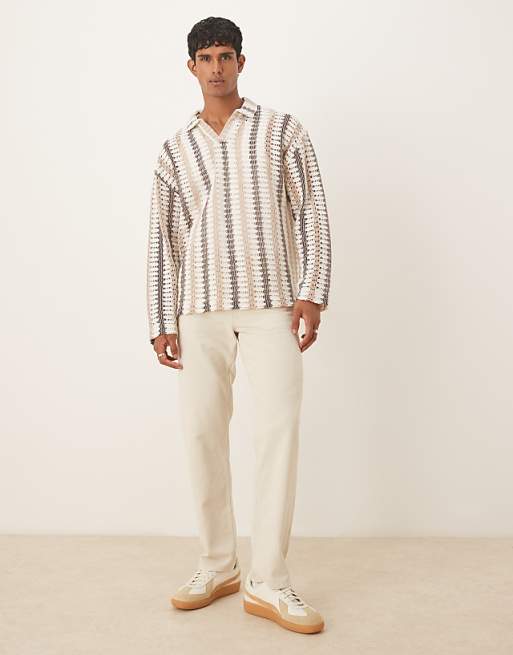 ASOS DESIGN Oversized Long Sleeve Polo In Neutral Striped Crochet