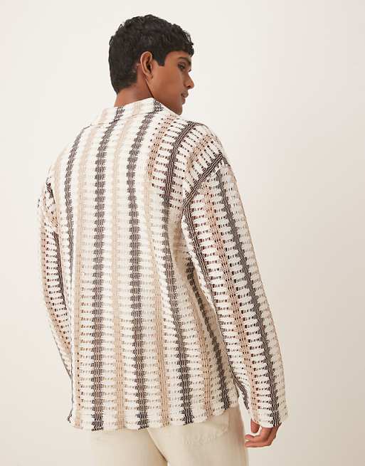 ASOS DESIGN Oversized Long Sleeve Polo In Neutral Striped Crochet