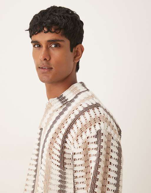 ASOS DESIGN Oversized Long Sleeve Polo In Neutral Striped Crochet
