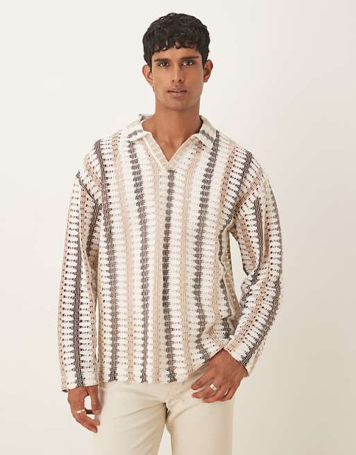 ASOS DESIGN oversized long sleeve polo in neutral striped crochet