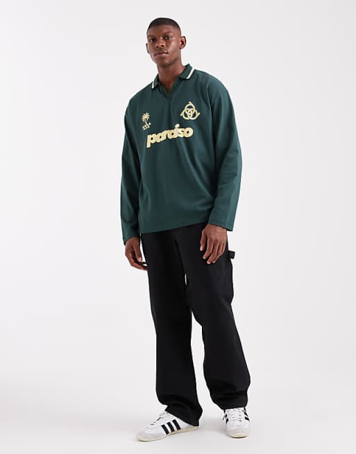 ASOS DESIGN Oversized Long Sleeve Polo With Paraiso Graphic In Dark Green