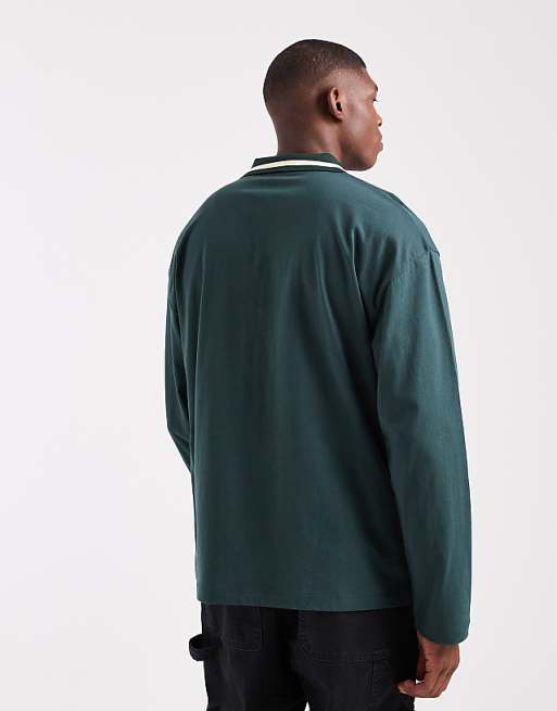 ASOS DESIGN Oversized Long Sleeve Polo With Paraiso Graphic In Dark Green