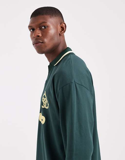 ASOS DESIGN Oversized Long Sleeve Polo With Paraiso Graphic In Dark Green