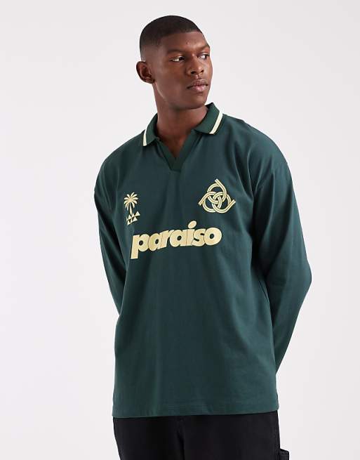 ASOS DESIGN oversized long sleeve polo with paraiso graphic in dark green