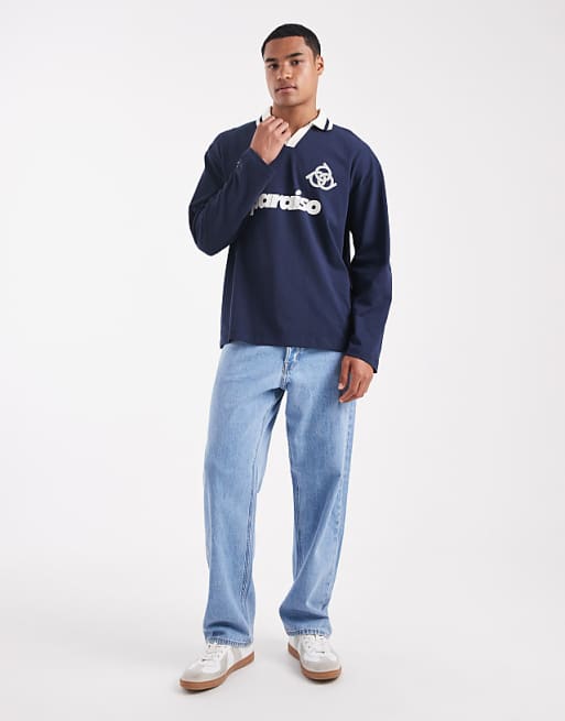 ASOS DESIGN Oversized Long Sleeve Polo With Sports Graphic In Navy