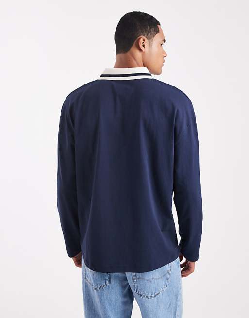 ASOS DESIGN Oversized Long Sleeve Polo With Sports Graphic In Navy