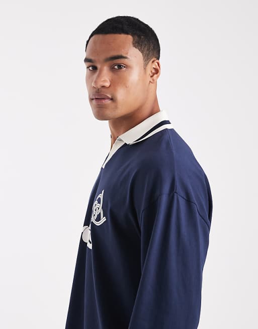 ASOS DESIGN Oversized Long Sleeve Polo With Sports Graphic In Navy