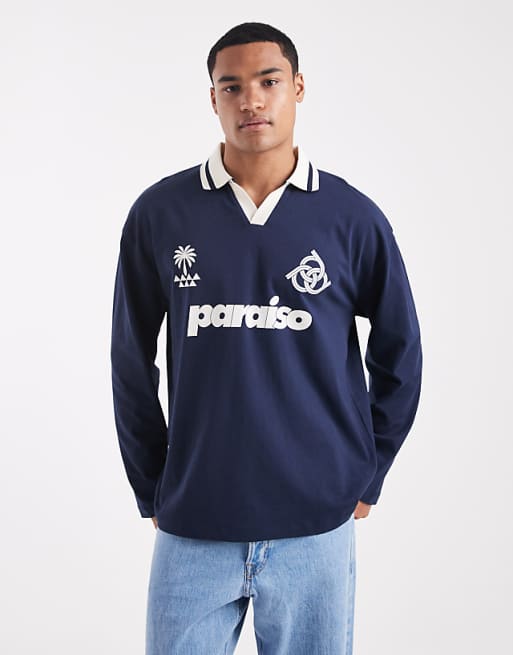 ASOS DESIGN oversized long sleeve polo with sports graphic in navy