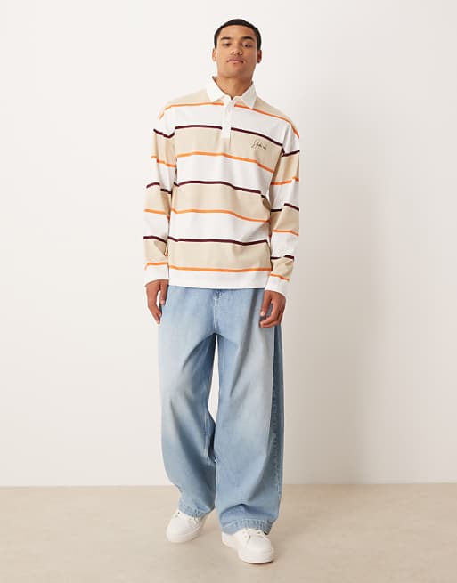 ASOS DESIGN Oversized Long Sleeve Polo With Text Graphic In Neutral Stripe