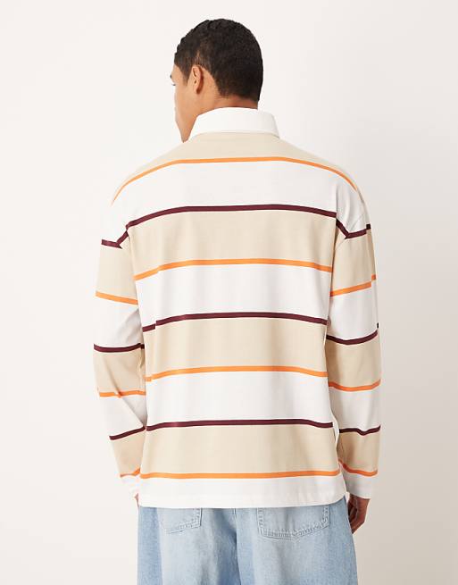ASOS DESIGN Oversized Long Sleeve Polo With Text Graphic In Neutral Stripe
