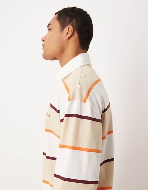 ASOS DESIGN Oversized Long Sleeve Polo With Text Graphic In Neutral Stripe