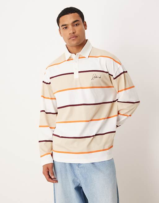 ASOS DESIGN oversized long sleeve polo with text graphic in neutral stripe