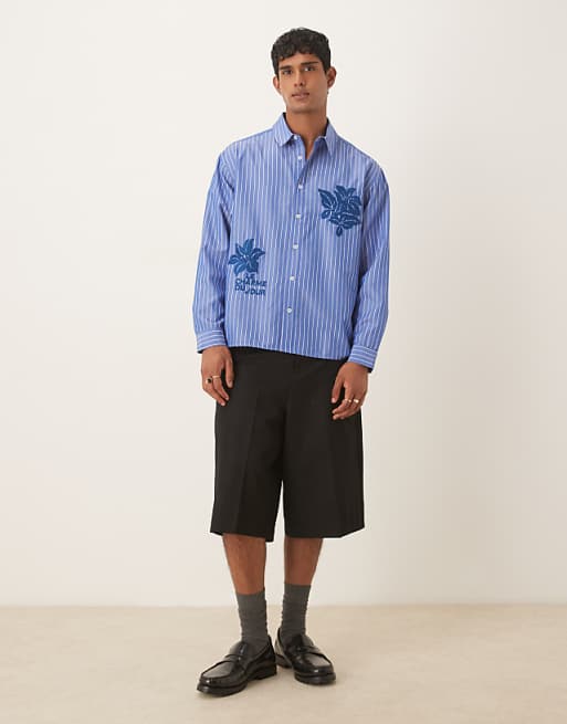 ASOS DESIGN Oversized Long Sleeve Shirt With Embroidery In Blue Stripe
