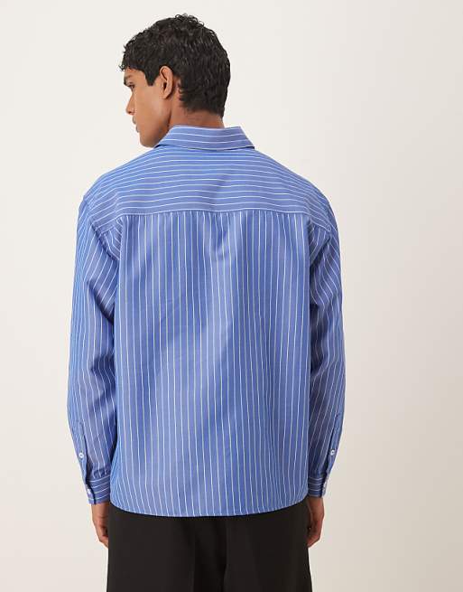 ASOS DESIGN Oversized Long Sleeve Shirt With Embroidery In Blue Stripe