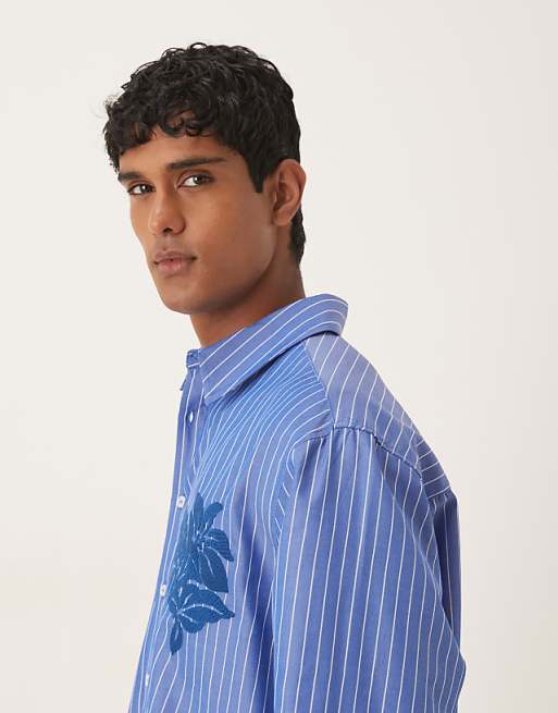 ASOS DESIGN Oversized Long Sleeve Shirt With Embroidery In Blue Stripe