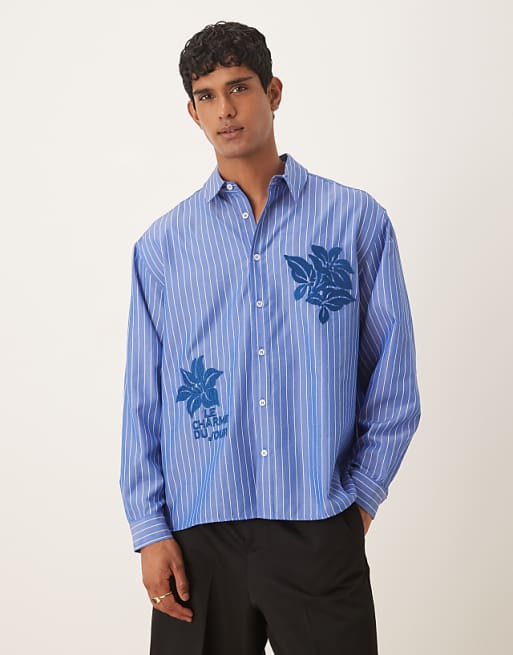 ASOS DESIGN oversized long sleeve shirt with embroidery in blue stripe