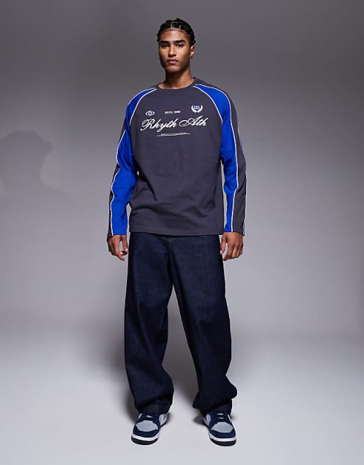 ASOS DESIGN Oversized Long Sleeve T-shirt Panelling Detail And Sports Graphic Charcoal And Blue