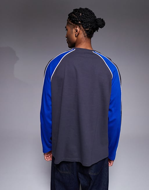 ASOS DESIGN Oversized Long Sleeve T-shirt Panelling Detail And Sports Graphic Charcoal And Blue
