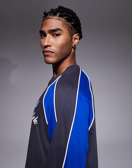 ASOS DESIGN Oversized Long Sleeve T-shirt Panelling Detail And Sports Graphic Charcoal And Blue