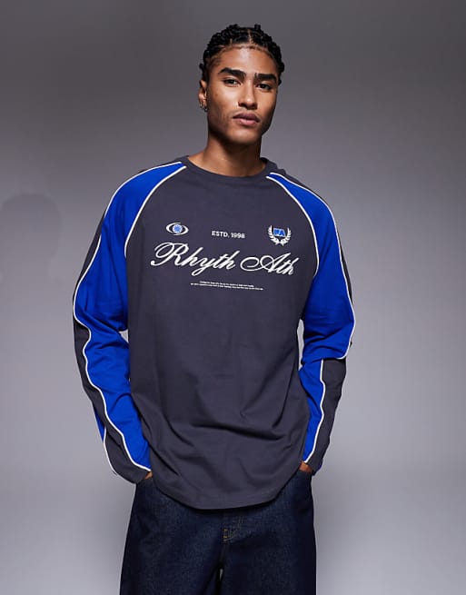 ASOS DESIGN oversized long sleeve t-shirt panelling detail and sports graphic charcoal and blue
