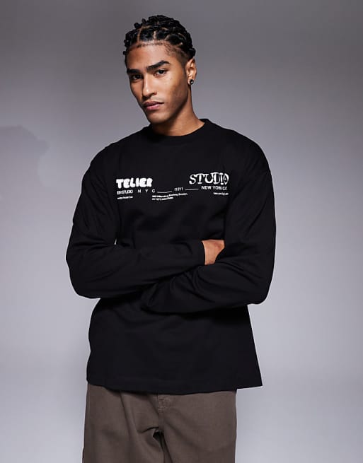 ASOS DESIGN Oversized Long Sleeve T-shirt With Atelier Studio Graphic In Black