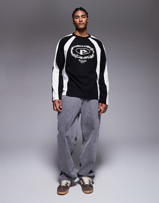ASOS DESIGN Oversized Long Sleeve T-shirt With Chest Graphic And Panelling In Charcoal And Cream