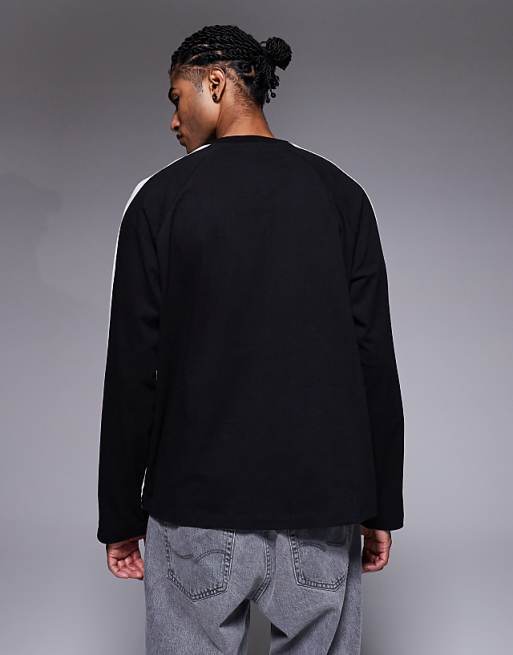 ASOS DESIGN Oversized Long Sleeve T-shirt With Chest Graphic And Panelling In Charcoal And Cream