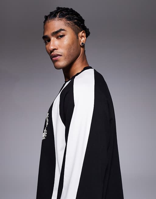 ASOS DESIGN Oversized Long Sleeve T-shirt With Chest Graphic And Panelling In Charcoal And Cream