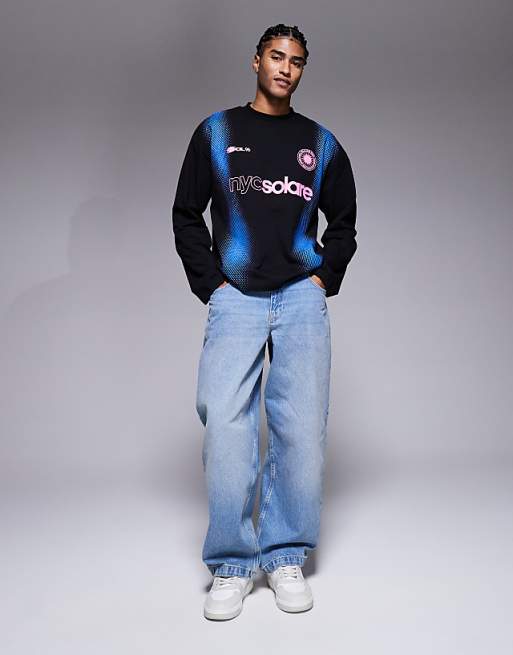 ASOS DESIGN Oversized Long Sleeve T-shirt With Football Inspired High Build Graphic In Black