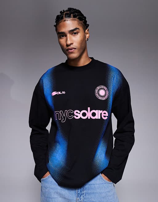 ASOS DESIGN oversized long sleeve t-shirt with football inspired high build graphic in black