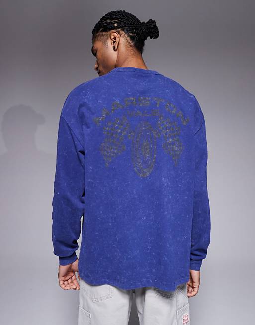 ASOS DESIGN oversized long sleeve t-shirt with motor graphic in washed navy