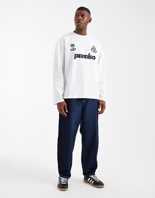 ASOS DESIGN Oversized Long Sleeve T-shirt With Paraiso Graphic In White