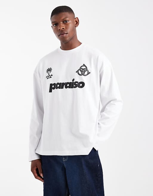 ASOS DESIGN oversized long sleeve t-shirt with paraiso graphic in white