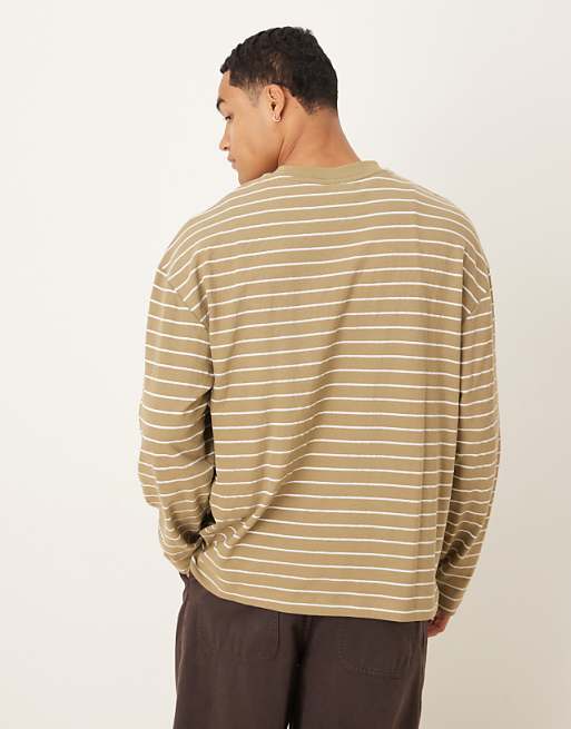 ASOS DESIGN Oversized Long Sleeve T-shirt With Pocket Embroidery In Green Stripe