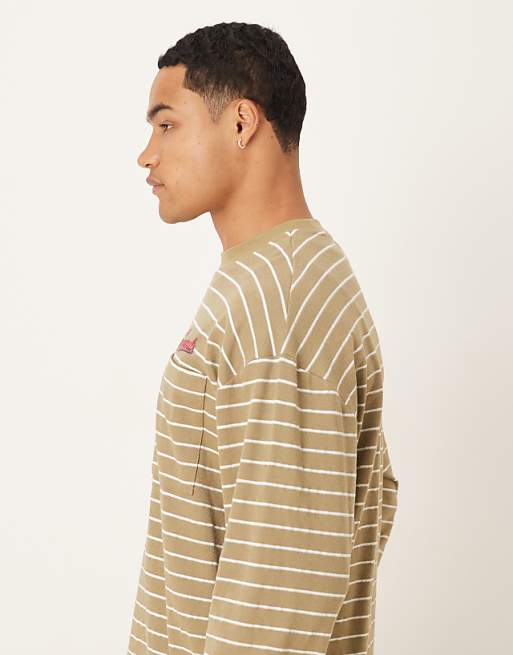 ASOS DESIGN Oversized Long Sleeve T-shirt With Pocket Embroidery In Green Stripe