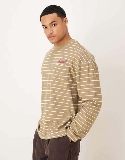 ASOS DESIGN oversized long sleeve t-shirt with pocket embroidery in green stripe