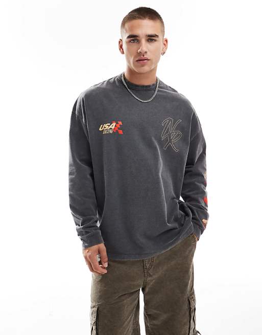 ASOS DESIGN Oversized Long Sleeve T-shirt With Racing Chest And Back Print In Washed Black