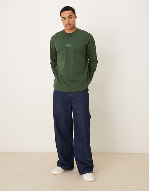 ASOS DESIGN Oversized Long Sleeve T-shirt With Tonal Text Print In Dark Green