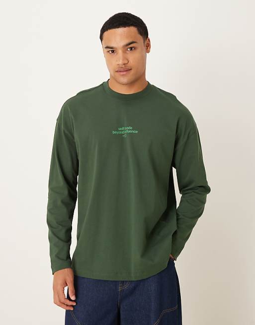 ASOS DESIGN Oversized Long Sleeve T-shirt With Tonal Text Print In Dark Green